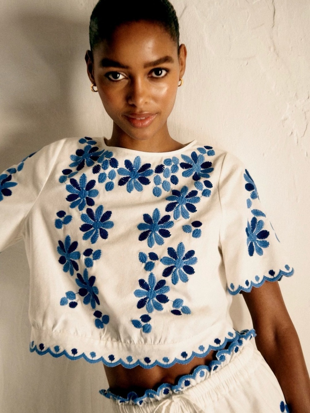 Sezane Enaline Crop Top with Blue Floral Embroidery